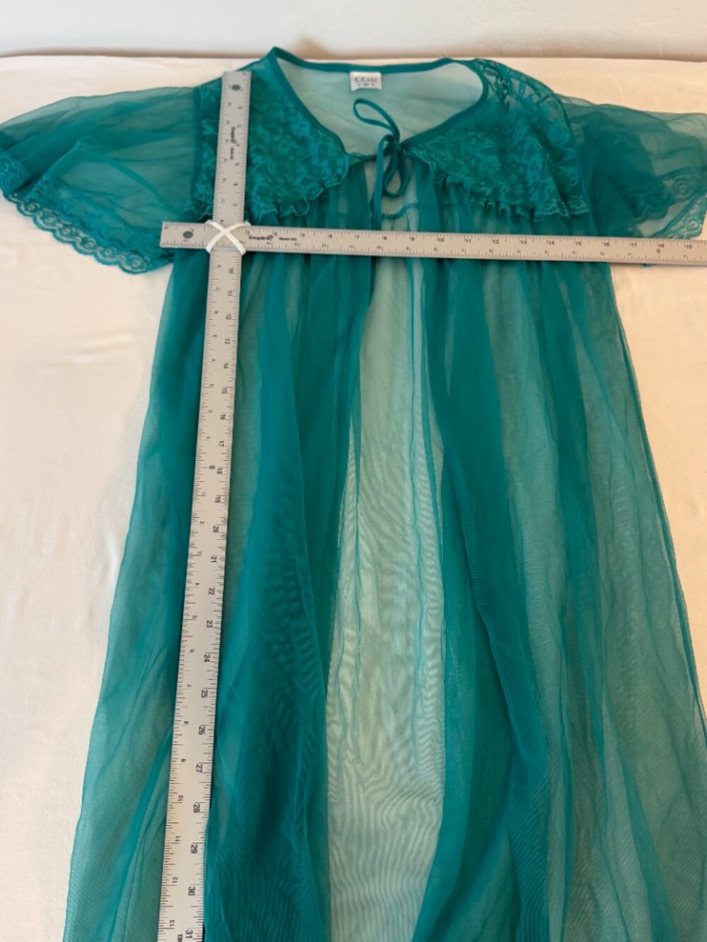 Vintage Elsie of Miami Aqua Sheer Lace Peignoir Robe Nylon Tie Front Small USA - Picture 5 of 6